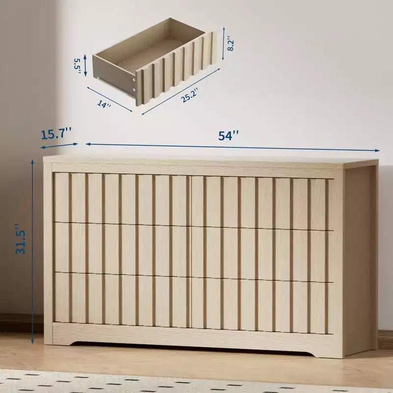 COZONY Fluted 6-Drawer Modern Dresser  Handleless Wooden TV Stand & Deep Storage Organizer for Bedroom, Living Room & Hallway, Natural Oak