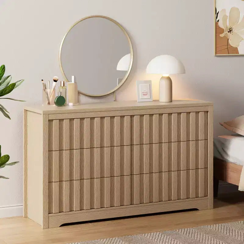 COZONY Fluted 6-Drawer Modern Dresser  Handleless Wooden TV Stand & Deep Storage Organizer for Bedroom, Living Room & Hallway, Natural Oak
