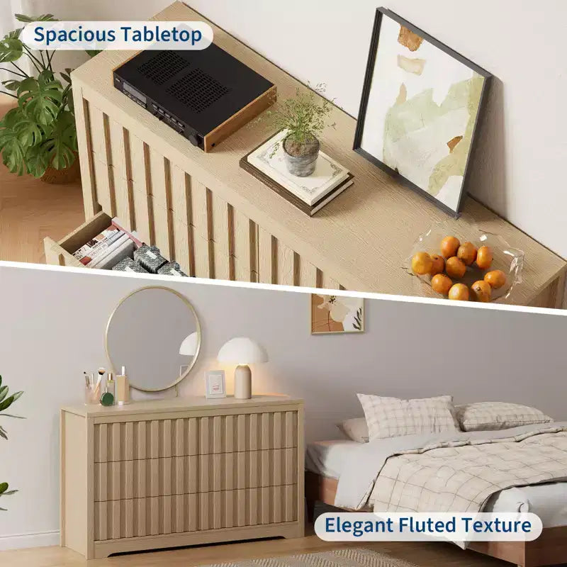 COZONY Fluted 6-Drawer Modern Dresser  Handleless Wooden TV Stand & Deep Storage Organizer for Bedroom, Living Room & Hallway, Natural Oak