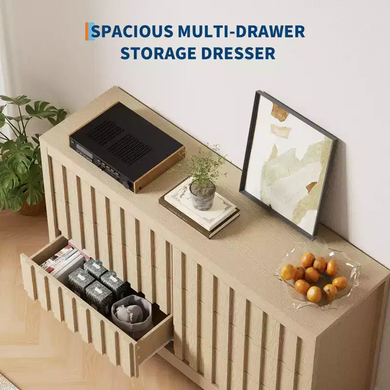 COZONY Fluted 6-Drawer Modern Dresser  Handleless Wooden TV Stand & Deep Storage Organizer for Bedroom, Living Room & Hallway, Natural Oak