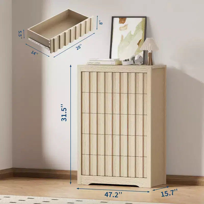 COZONY Tall Fluted 5-Drawer Modern Wooden Dresser  Handleless Chest with Deep Storage for Bedroom, Living Room & Hallway, Natural Oak