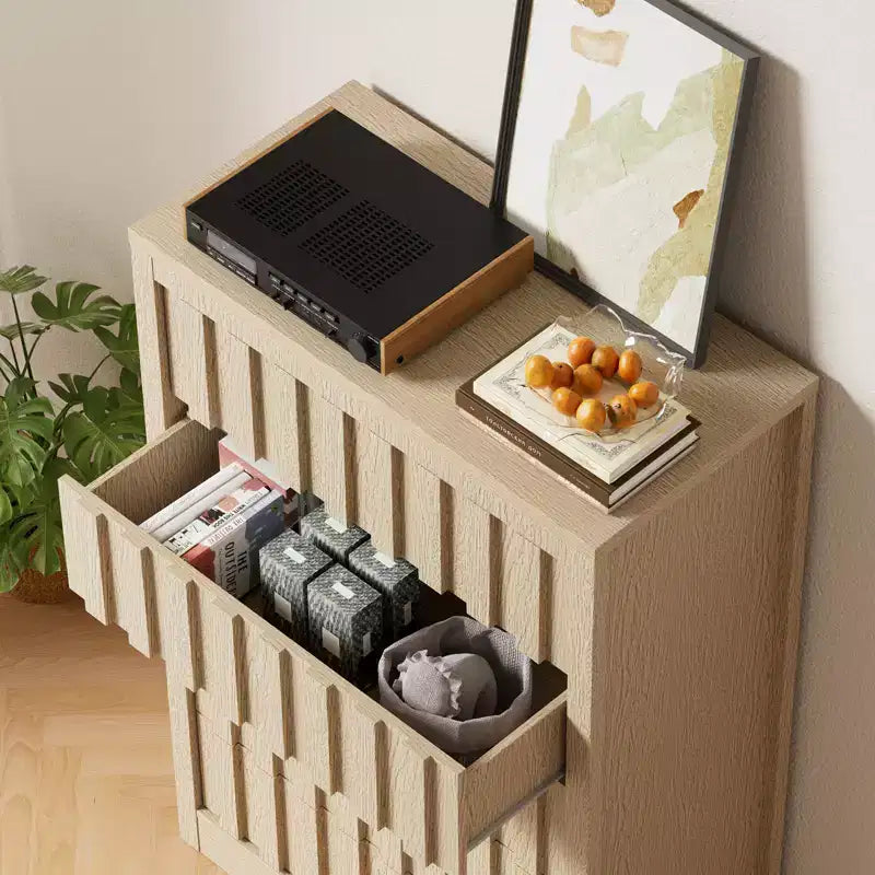 COZONY Tall Fluted 5-Drawer Modern Wooden Dresser  Handleless Chest with Deep Storage for Bedroom, Living Room & Hallway, Natural Oak
