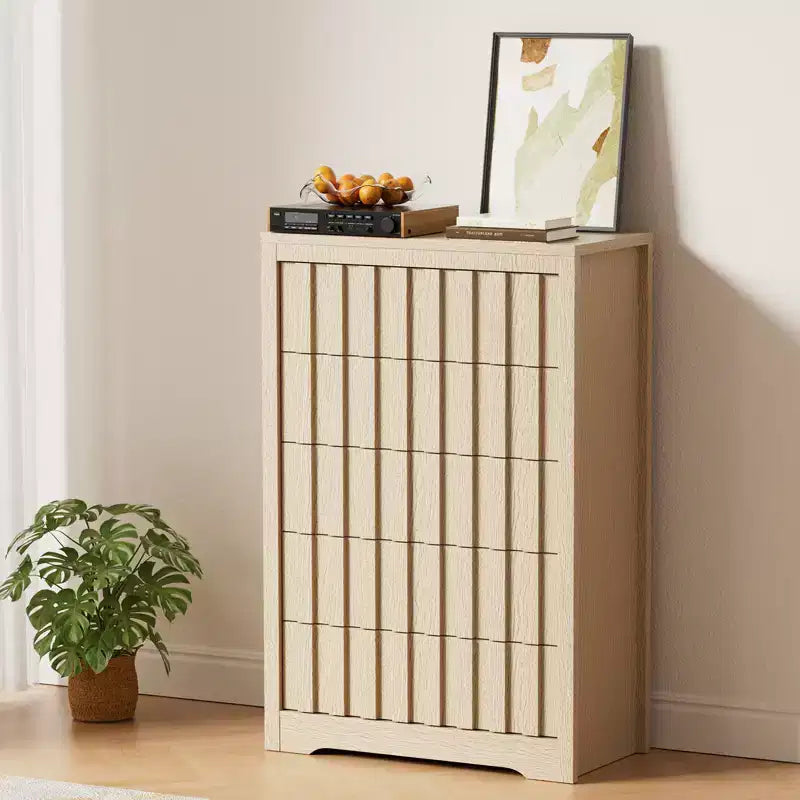 COZONY Tall Fluted 5-Drawer Modern Wooden Dresser  Handleless Chest with Deep Storage for Bedroom, Living Room & Hallway, Natural Oak
