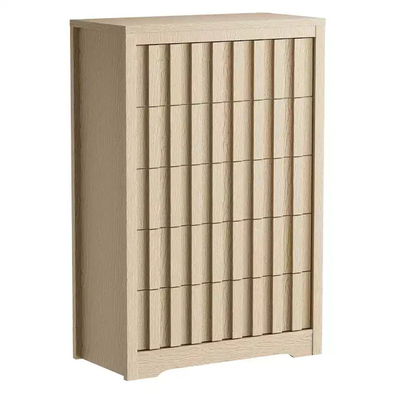 COZONY Tall Fluted 5-Drawer Modern Wooden Dresser  Handleless Chest with Deep Storage for Bedroom, Living Room & Hallway, Natural Oak