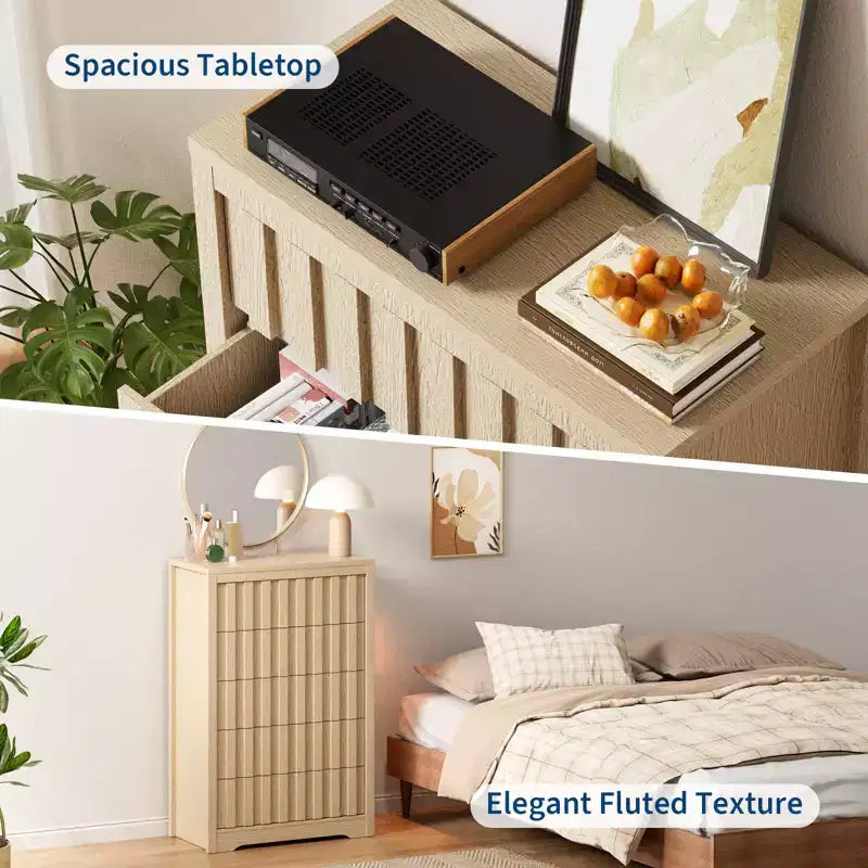 COZONY Tall Fluted 5-Drawer Modern Wooden Dresser  Handleless Chest with Deep Storage for Bedroom, Living Room & Hallway, Natural Oak