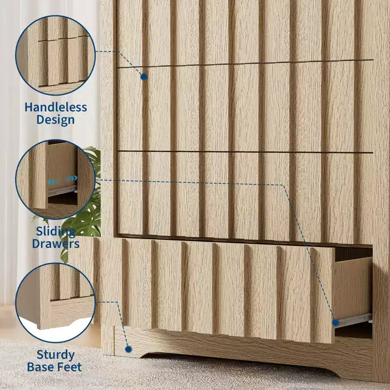 COZONY Tall Fluted 5-Drawer Modern Wooden Dresser  Handleless Chest with Deep Storage for Bedroom, Living Room & Hallway, Natural Oak