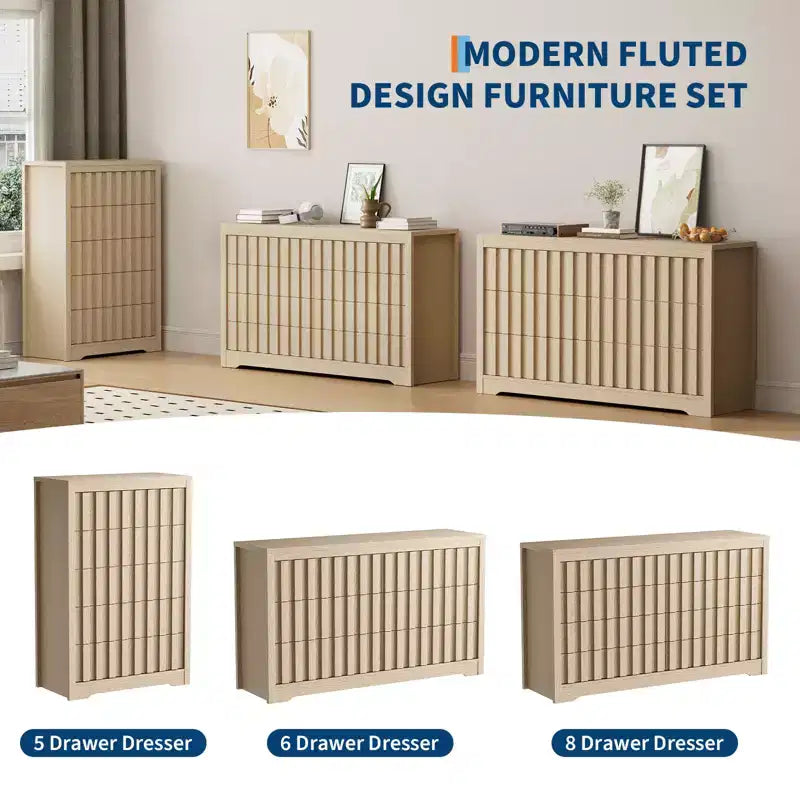 COZONY Tall Fluted 5-Drawer Modern Wooden Dresser  Handleless Chest with Deep Storage for Bedroom, Living Room & Hallway, Natural Oak
