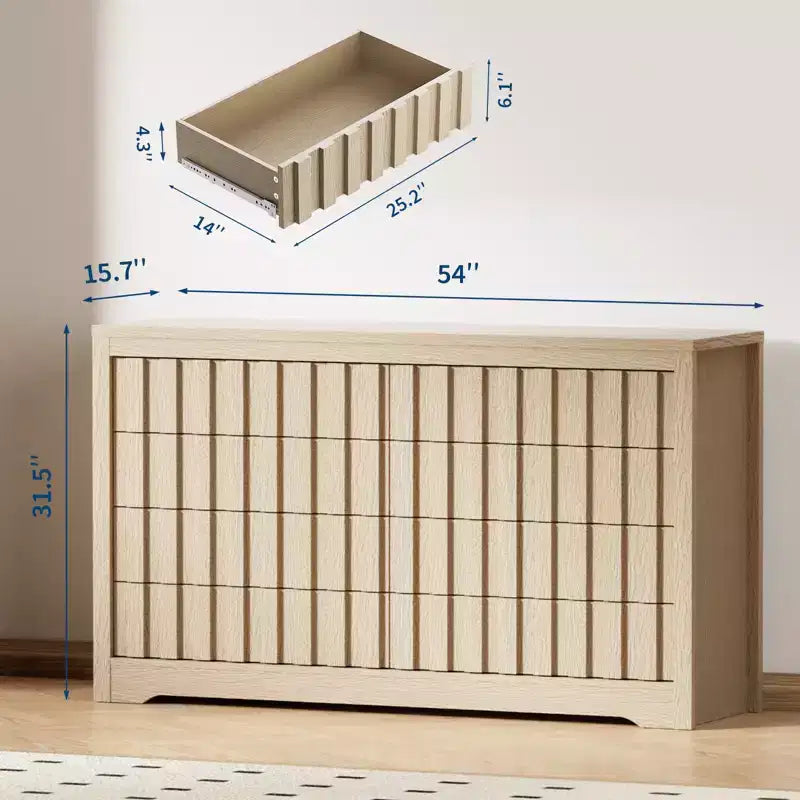 COZONY Fluted 8-Drawer Modern Wooden Dresser  Handleless Chest with Deep Storage for Bedroom, Living Room & Hallway, Natural Oak
