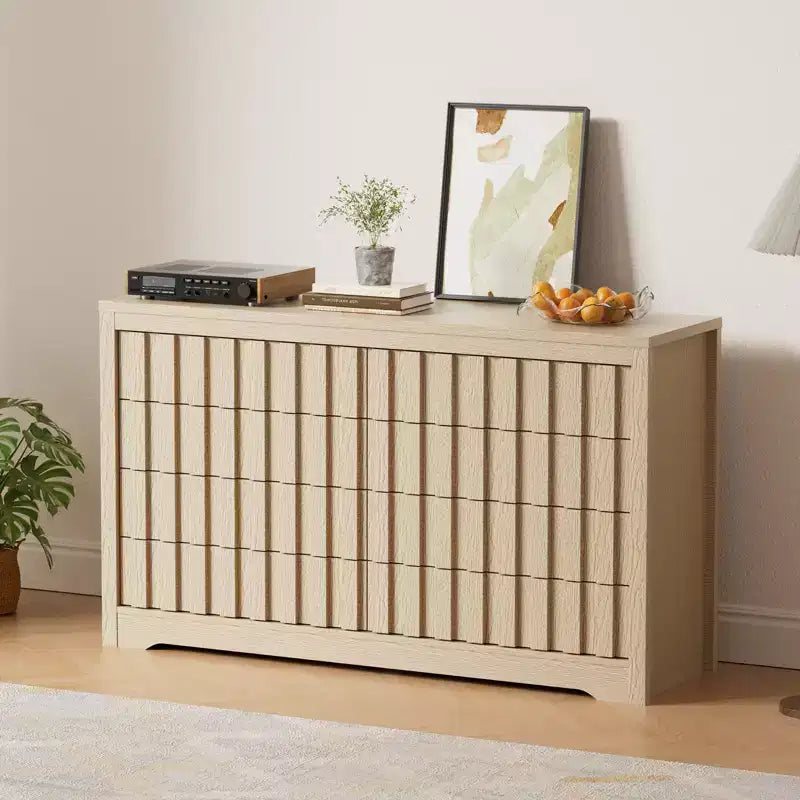COZONY Fluted 8-Drawer Modern Wooden Dresser  Handleless Chest with Deep Storage for Bedroom, Living Room & Hallway, Natural Oak