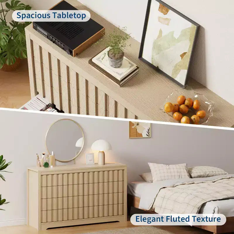 COZONY Fluted 8-Drawer Modern Wooden Dresser  Handleless Chest with Deep Storage for Bedroom, Living Room & Hallway, Natural Oak