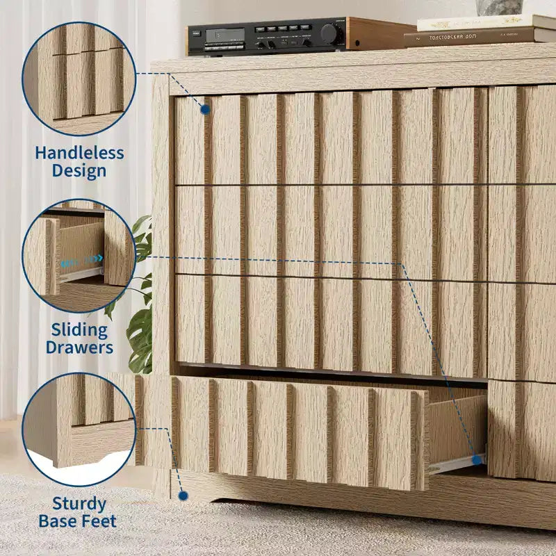 COZONY Fluted 8-Drawer Modern Wooden Dresser  Handleless Chest with Deep Storage for Bedroom, Living Room & Hallway, Natural Oak