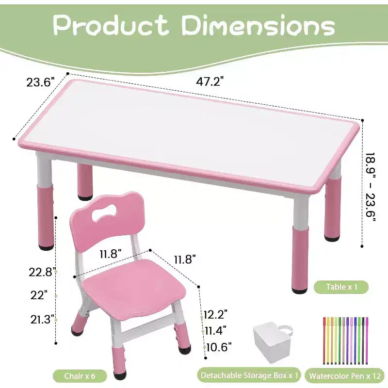 Kids Table & 6 Chairs Set - Adjustable Height Art & Dining Table for Toddlers Ages 3-10, 300lb