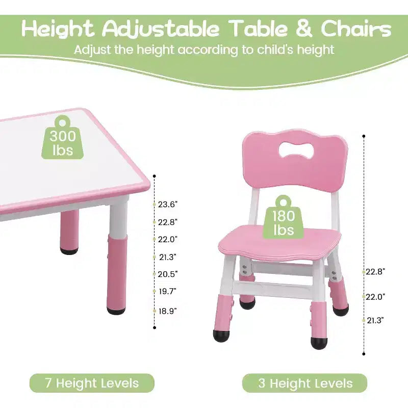 Kids Table & 6 Chairs Set - Adjustable Height Art & Dining Table for Toddlers Ages 3-10, 300lb