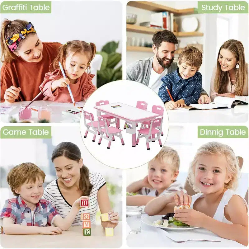 Kids Table & 6 Chairs Set - Adjustable Height Art & Dining Table for Toddlers Ages 3-10, 300lb