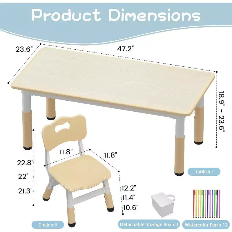 Kids Table & 6 Chairs Set - Adjustable Height Art & Dining Table for Toddlers Ages 3-10, 300lb