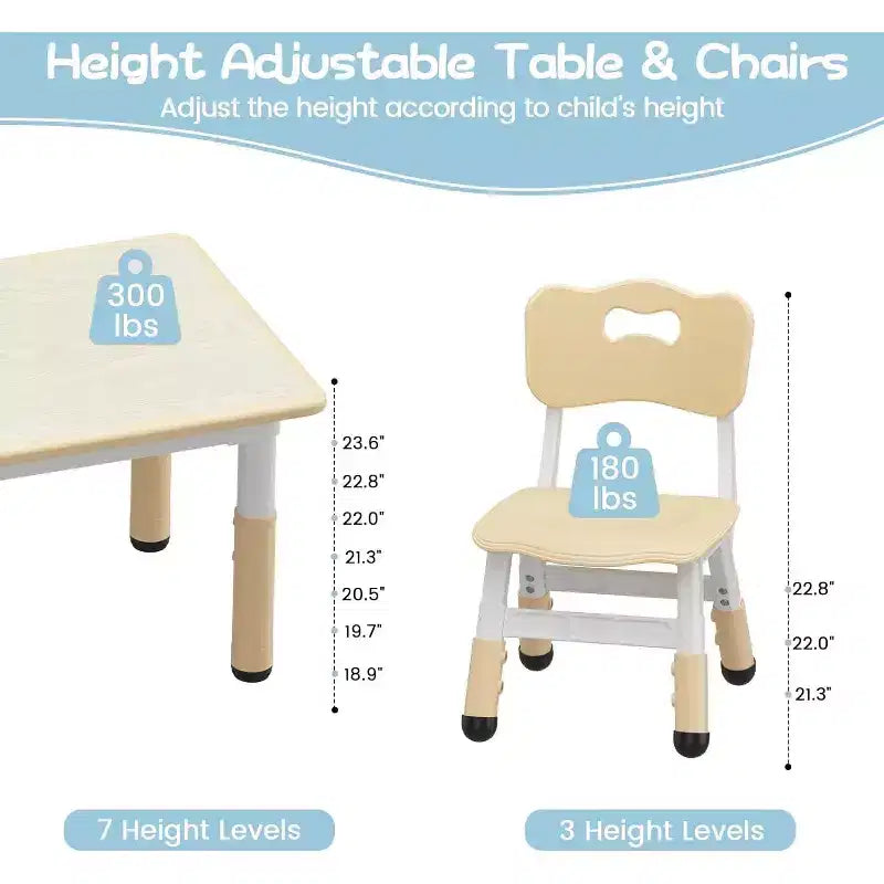 Kids Table & 6 Chairs Set - Adjustable Height Art & Dining Table for Toddlers Ages 3-10, 300lb
