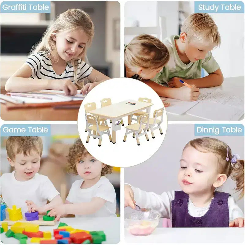 Kids Table & 6 Chairs Set - Adjustable Height Art & Dining Table for Toddlers Ages 3-10, 300lb