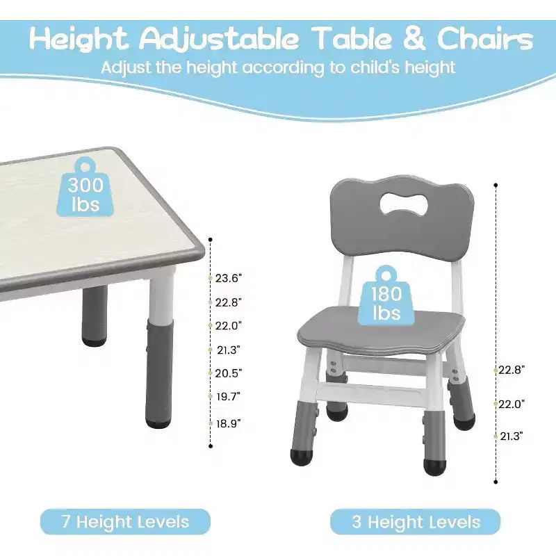 Kids Table & 6 Chairs Set - Adjustable Height Art & Dining Table for Toddlers Ages 3-10, 300lb