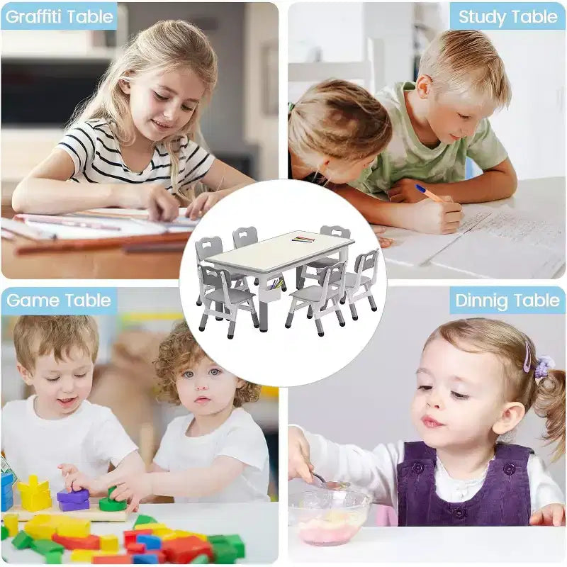 Kids Table & 6 Chairs Set - Adjustable Height Art & Dining Table for Toddlers Ages 3-10, 300lb