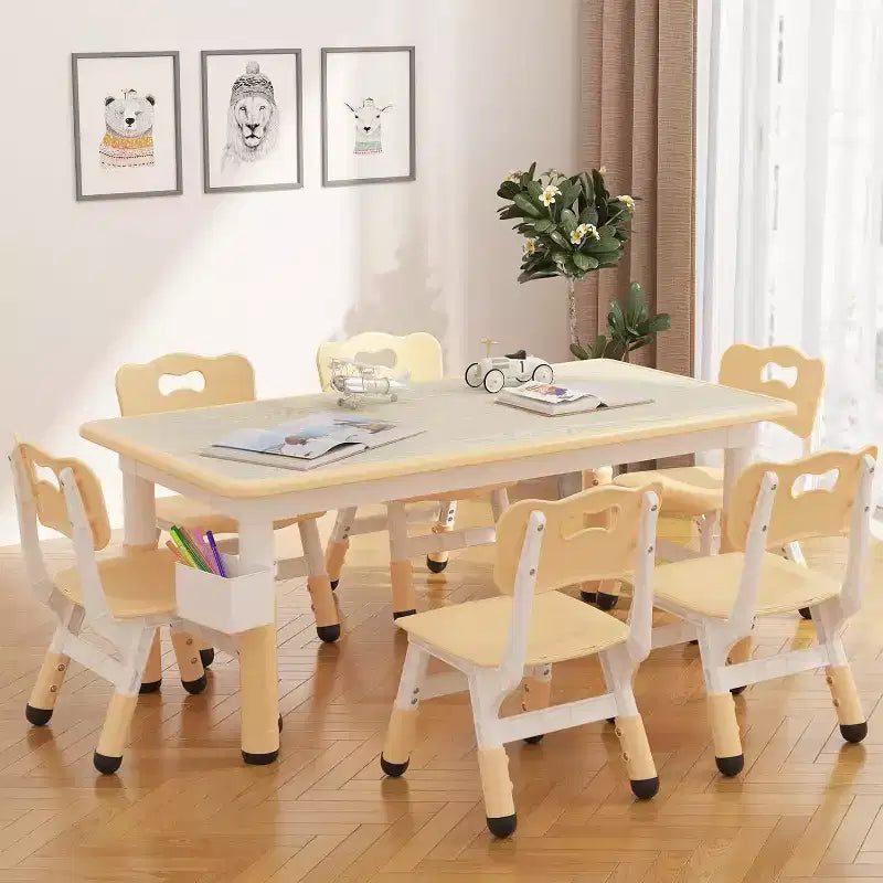 Kids Table & 6 Chairs Set - Adjustable Height Art & Dining Table for Toddlers Ages 3-10, 300lb