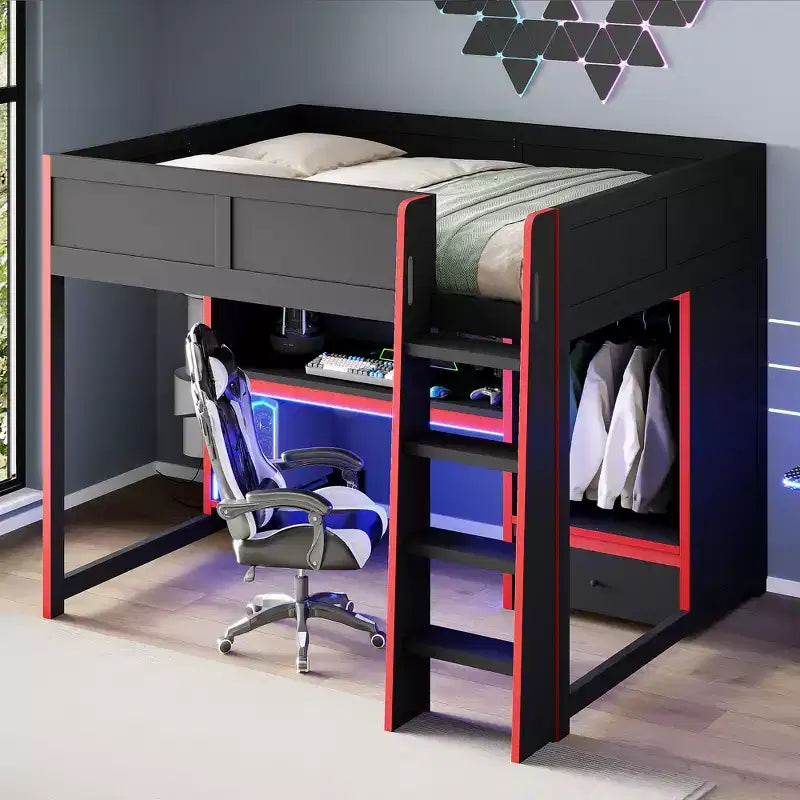 GDFStudio Opal Modern Wooden Loft Bed with Built-in Desk, Wardrobe, LED and 1 Drawer