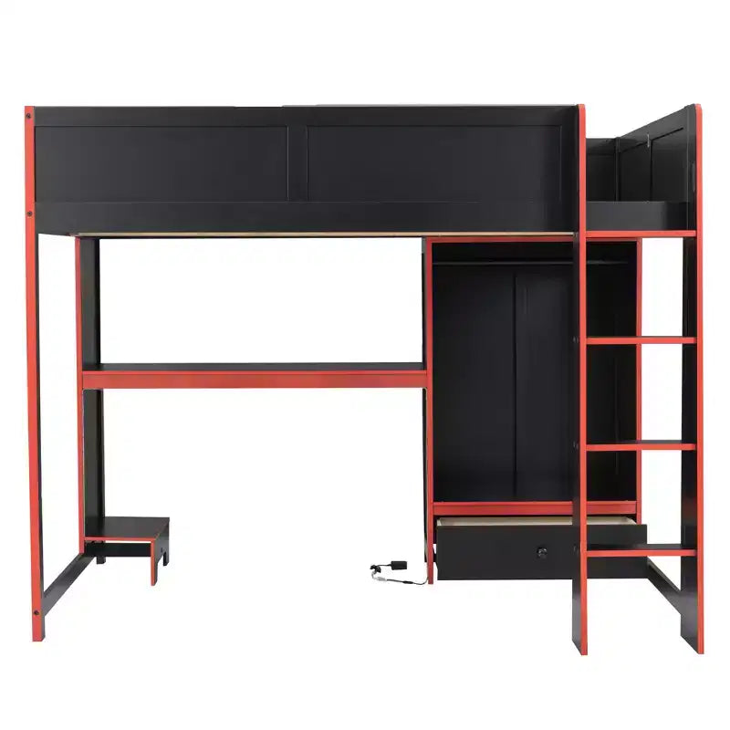 GDFStudio Opal Modern Wooden Loft Bed with Built-in Desk, Wardrobe, LED and 1 Drawer