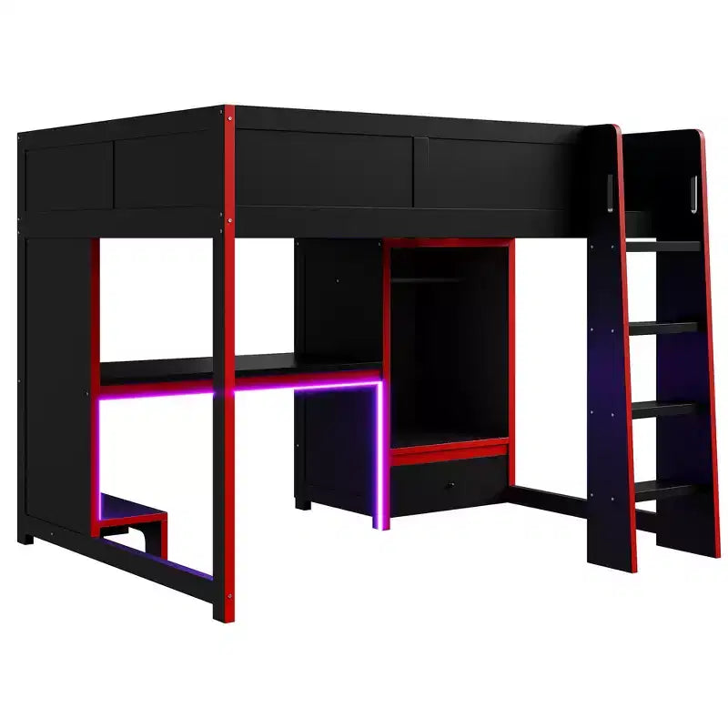 GDFStudio Opal Modern Wooden Loft Bed with Built-in Desk, Wardrobe, LED and 1 Drawer