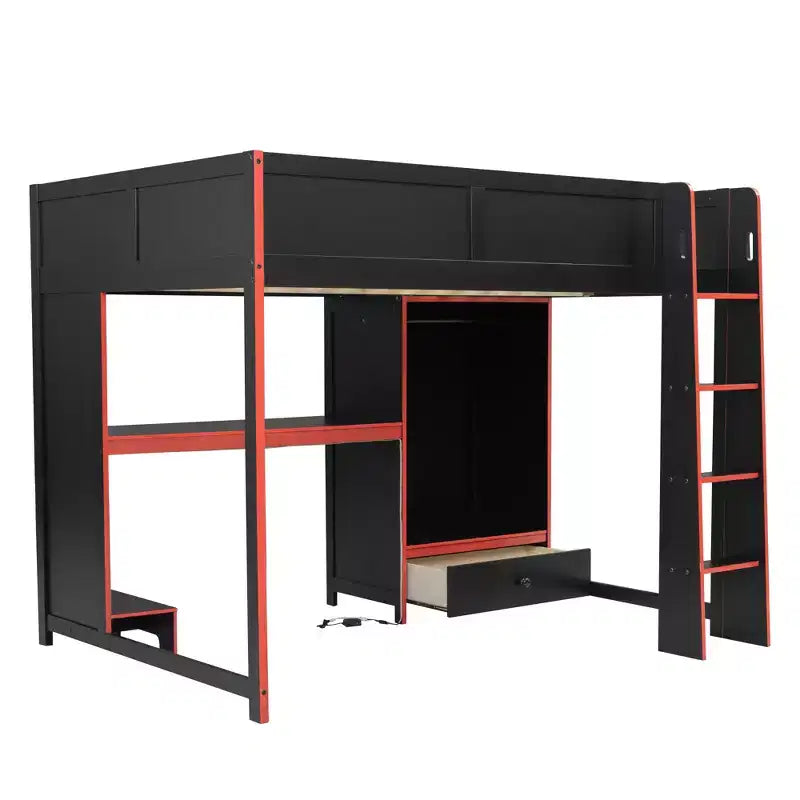 GDFStudio Opal Modern Wooden Loft Bed with Built-in Desk, Wardrobe, LED and 1 Drawer