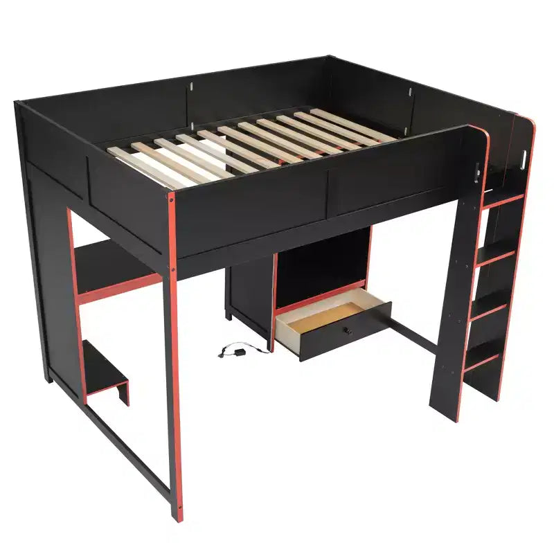 GDFStudio Opal Modern Wooden Loft Bed with Built-in Desk, Wardrobe, LED and 1 Drawer
