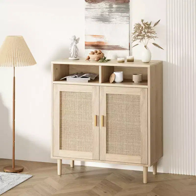 36 Modern Rattan Sideboard Cabinet - 2-Door Storage Buffet with Shelf, Boho TV Stand & Coffee Bar for Dining Room, Kitchen & Entryway