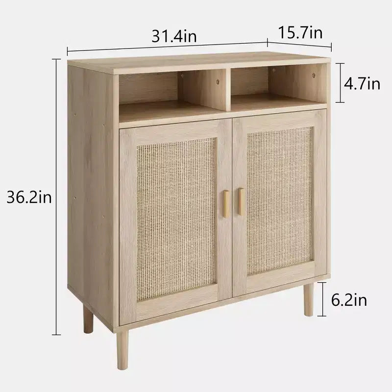 36 Modern Rattan Sideboard Cabinet - 2-Door Storage Buffet with Shelf, Boho TV Stand & Coffee Bar for Dining Room, Kitchen & Entryway