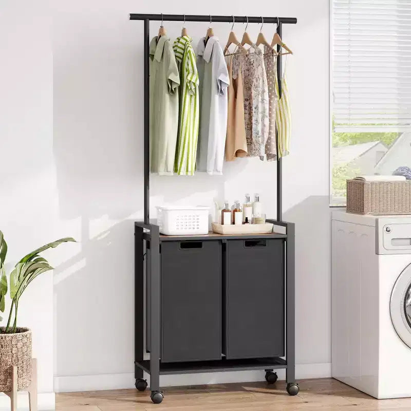 Laundry Sorter Section With Extendable Hanging Bar, Heavy Duty Laundry Basket With Rolling Lockable Wheels And Shelf, Laundry Room Organization
