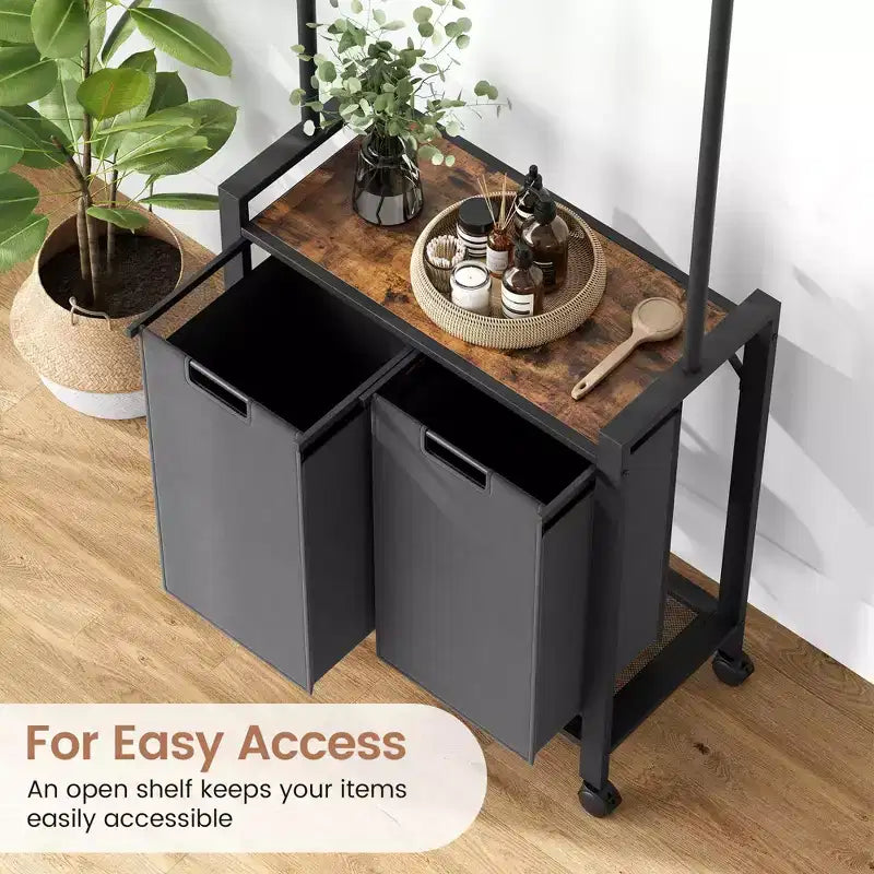 Laundry Sorter Section With Extendable Hanging Bar, Heavy Duty Laundry Basket With Rolling Lockable Wheels And Shelf, Laundry Room Organization
