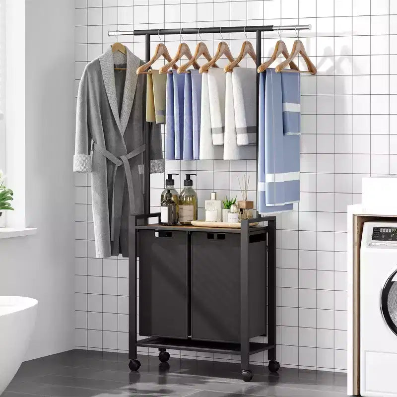 Laundry Sorter Section With Extendable Hanging Bar, Heavy Duty Laundry Basket With Rolling Lockable Wheels And Shelf, Laundry Room Organization