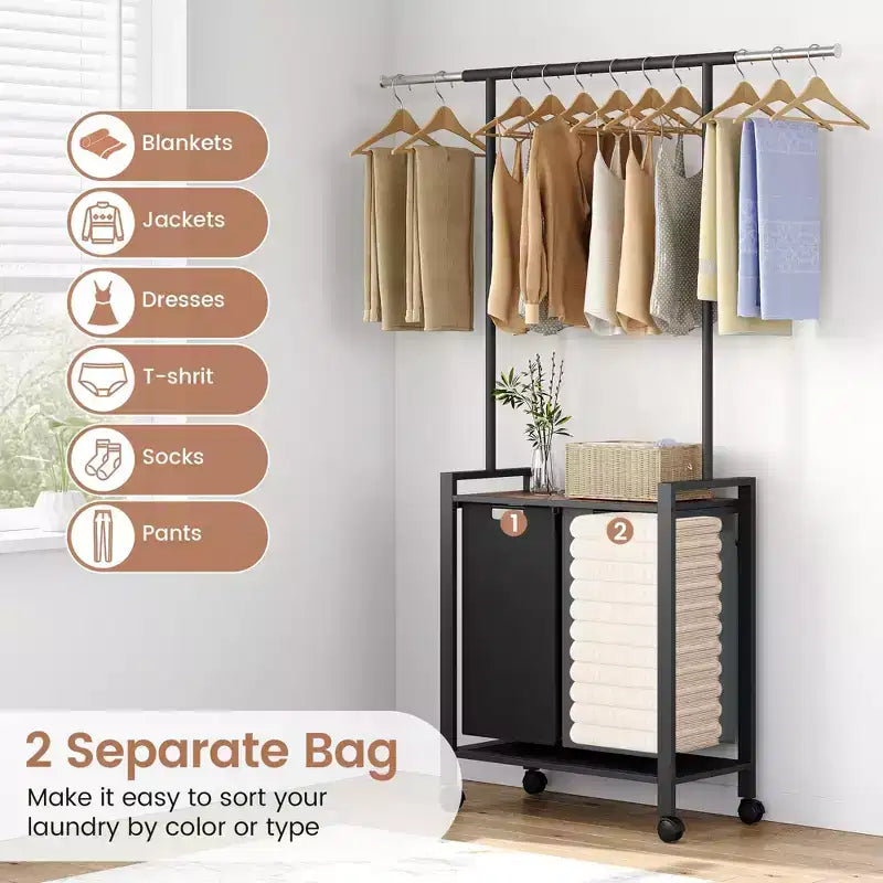 Laundry Sorter Section With Extendable Hanging Bar, Heavy Duty Laundry Basket With Rolling Lockable Wheels And Shelf, Laundry Room Organization