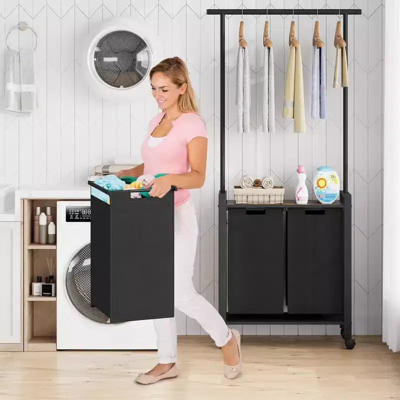 Laundry Sorter Section With Extendable Hanging Bar, Heavy Duty Laundry Basket With Rolling Lockable Wheels And Shelf, Laundry Room Organization