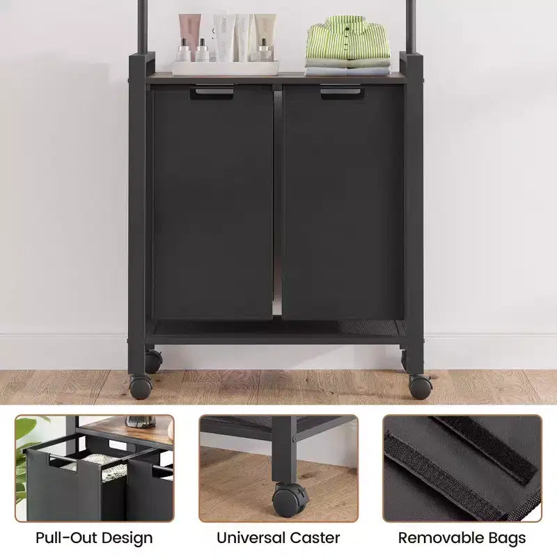 Laundry Sorter Section With Extendable Hanging Bar, Heavy Duty Laundry Basket With Rolling Lockable Wheels And Shelf, Laundry Room Organization
