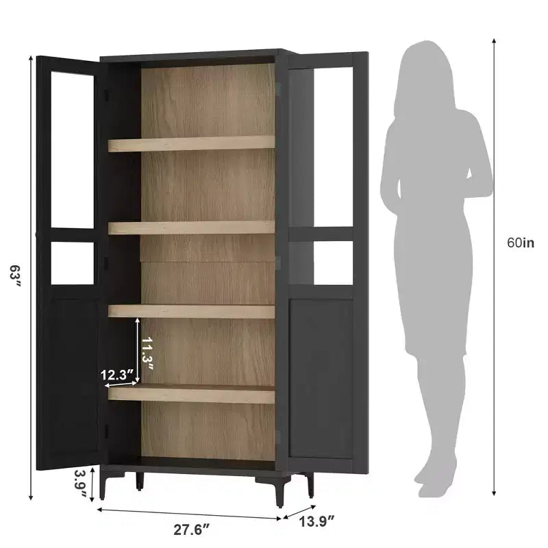 GustoWave 63 Inch Tall Storage Cabinet with Glass Doors, Kitchen Pantry 5 Tier Bathroom Cabinet Adjustable Shelves for Kitchen, Dining Room, Bathroom