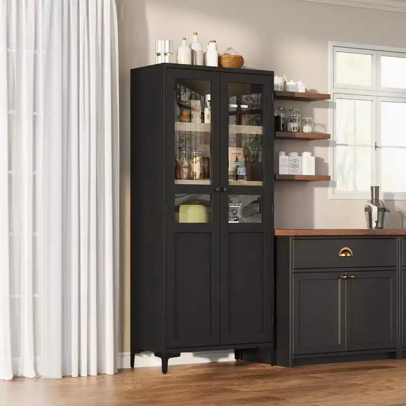 GustoWave 63 Inch Tall Storage Cabinet with Glass Doors, Kitchen Pantry 5 Tier Bathroom Cabinet Adjustable Shelves for Kitchen, Dining Room, Bathroom