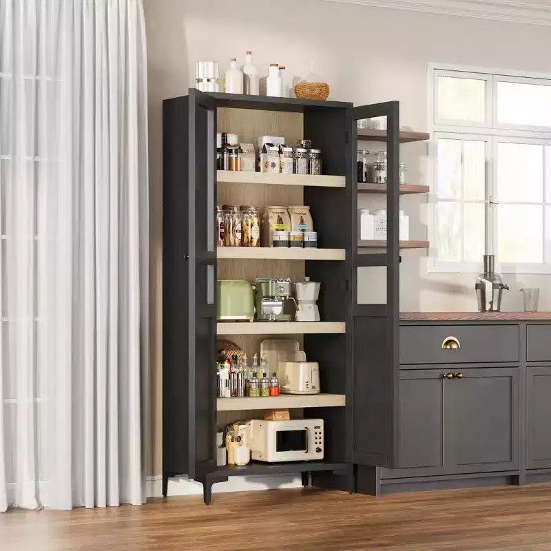 GustoWave 63 Inch Tall Storage Cabinet with Glass Doors, Kitchen Pantry 5 Tier Bathroom Cabinet Adjustable Shelves for Kitchen, Dining Room, Bathroom