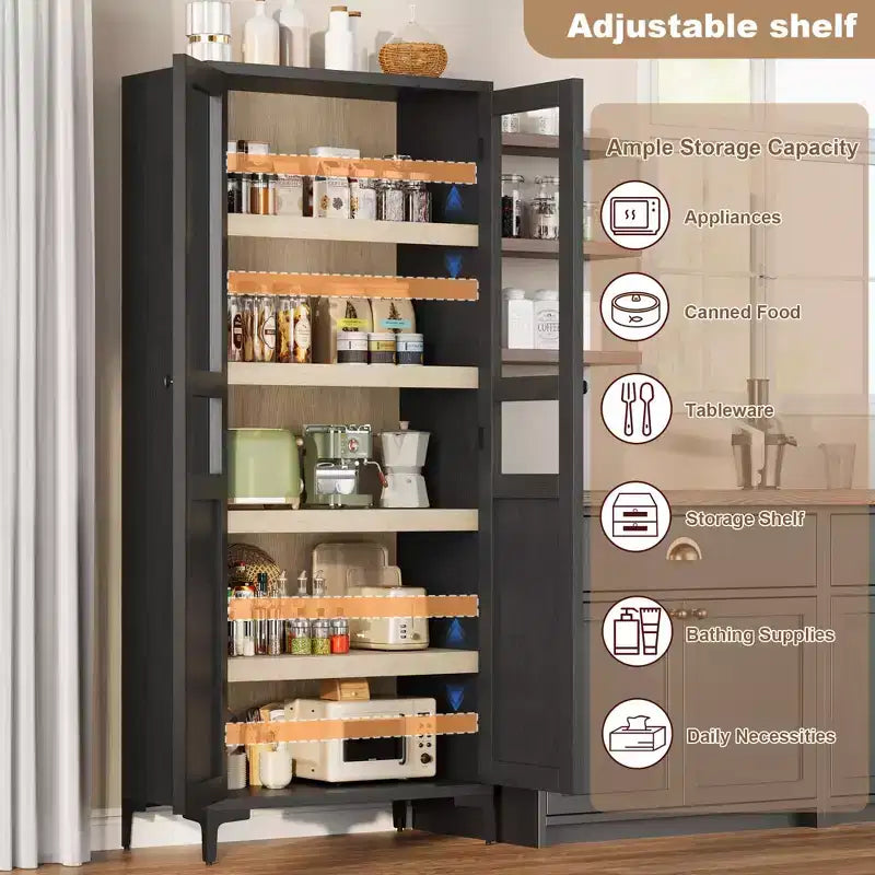 GustoWave 63 Inch Tall Storage Cabinet with Glass Doors, Kitchen Pantry 5 Tier Bathroom Cabinet Adjustable Shelves for Kitchen, Dining Room, Bathroom