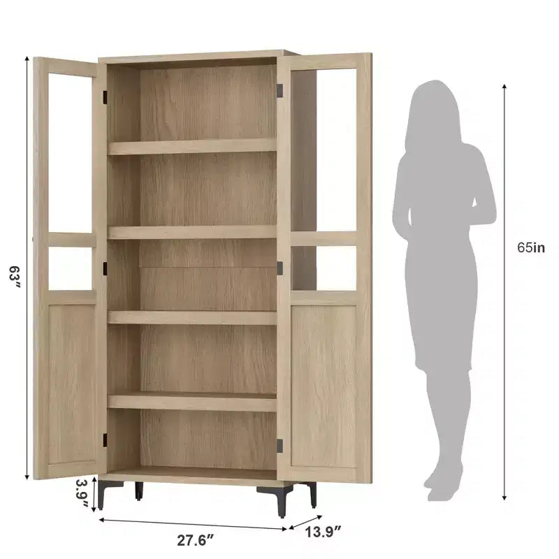 GustoWave 63 Inch Tall Storage Cabinet with Glass Doors, Kitchen Pantry 5 Tier Bathroom Cabinet Adjustable Shelves for Kitchen, Dining Room, Bathroom