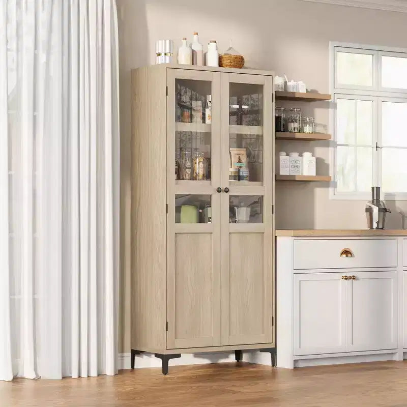 GustoWave 63 Inch Tall Storage Cabinet with Glass Doors, Kitchen Pantry 5 Tier Bathroom Cabinet Adjustable Shelves for Kitchen, Dining Room, Bathroom