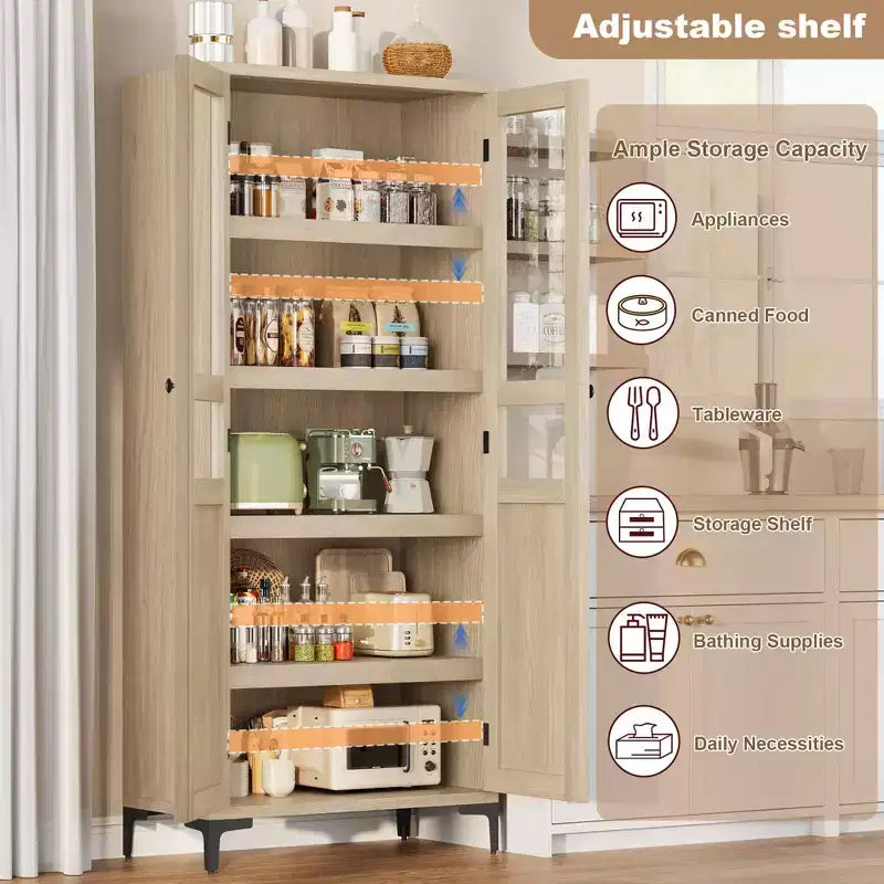 GustoWave 63 Inch Tall Storage Cabinet with Glass Doors, Kitchen Pantry 5 Tier Bathroom Cabinet Adjustable Shelves for Kitchen, Dining Room, Bathroom