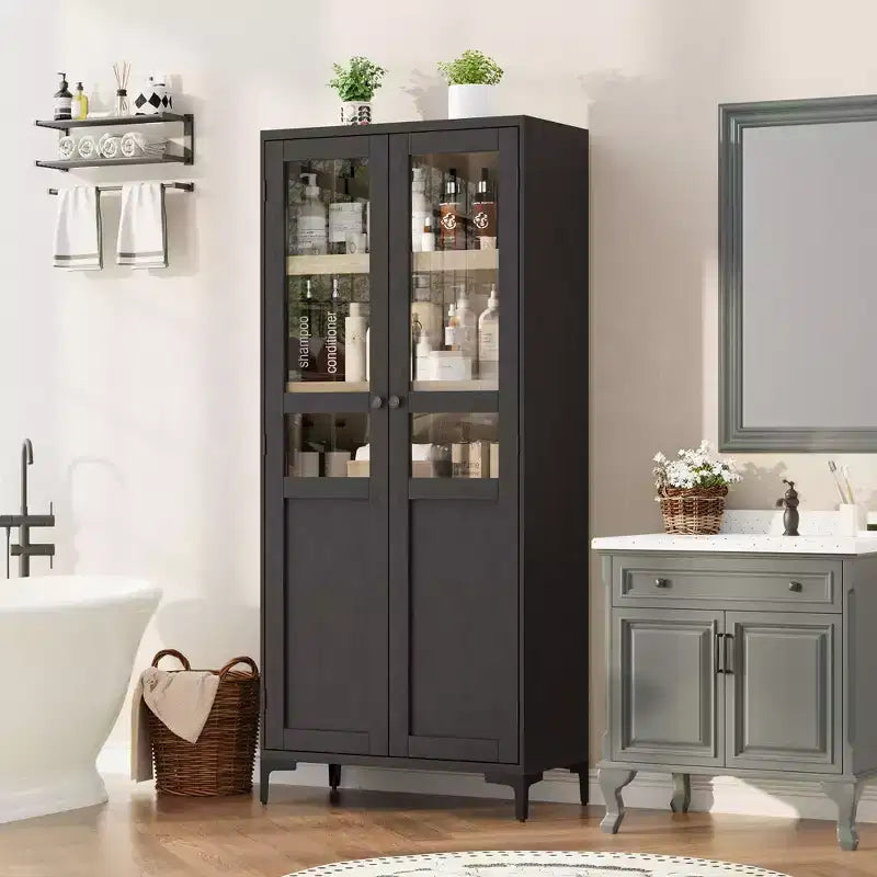 GustoWave 63 Inch Tall Storage Cabinet with Glass Doors, Kitchen Pantry 5 Tier Bathroom Cabinet Adjustable Shelves for Kitchen, Dining Room, Bathroom