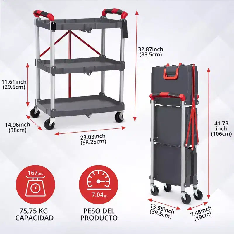 Utility Cart Rolling, 3-Tier Foldable Service Cart w/Lockable Wheels & 168LBS Capacity, Collapsible Trolley for Home Office Garage Warehouse