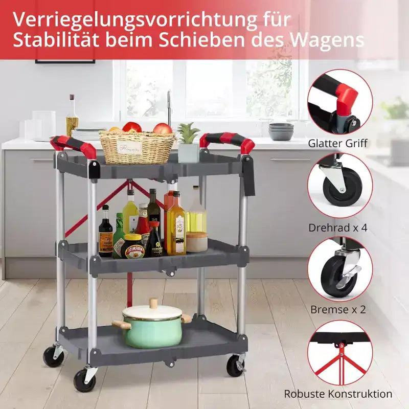 Utility Cart Rolling, 3-Tier Foldable Service Cart w/Lockable Wheels & 168LBS Capacity, Collapsible Trolley for Home Office Garage Warehouse