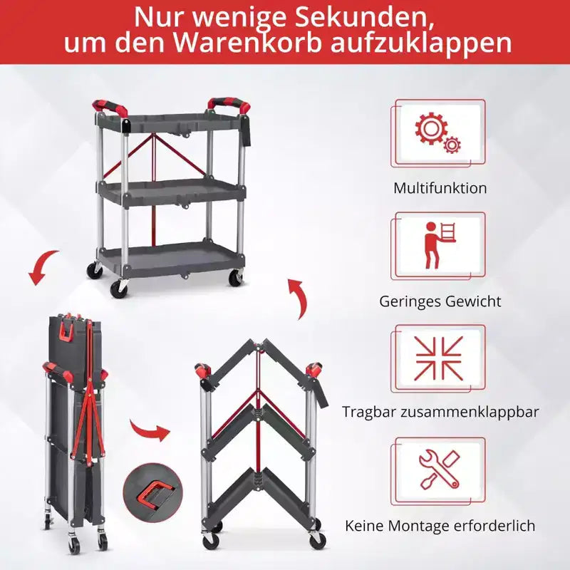 Utility Cart Rolling, 3-Tier Foldable Service Cart w/Lockable Wheels & 168LBS Capacity, Collapsible Trolley for Home Office Garage Warehouse