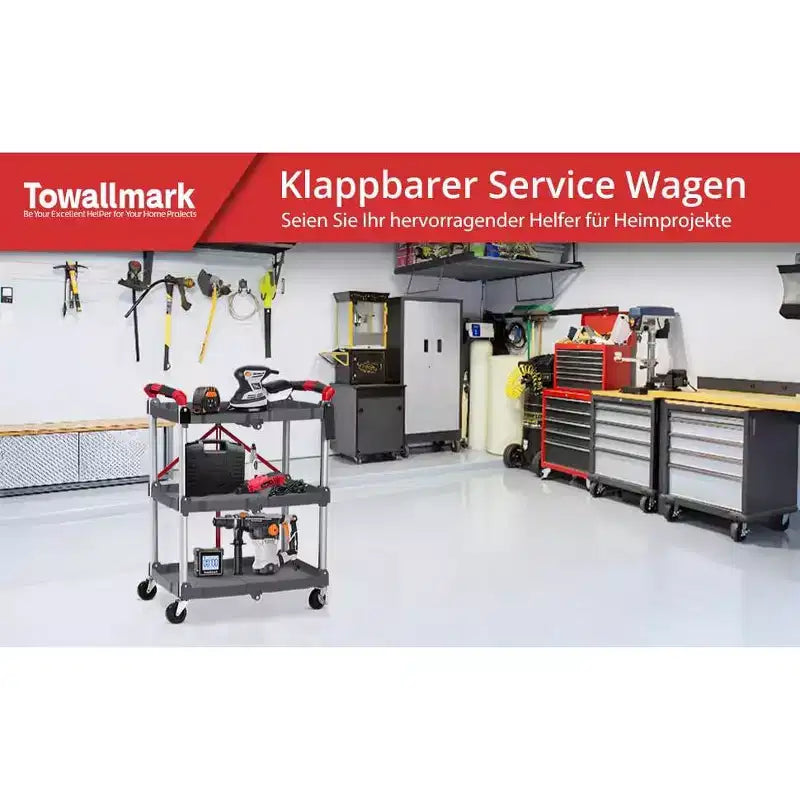Utility Cart Rolling, 3-Tier Foldable Service Cart w/Lockable Wheels & 168LBS Capacity, Collapsible Trolley for Home Office Garage Warehouse