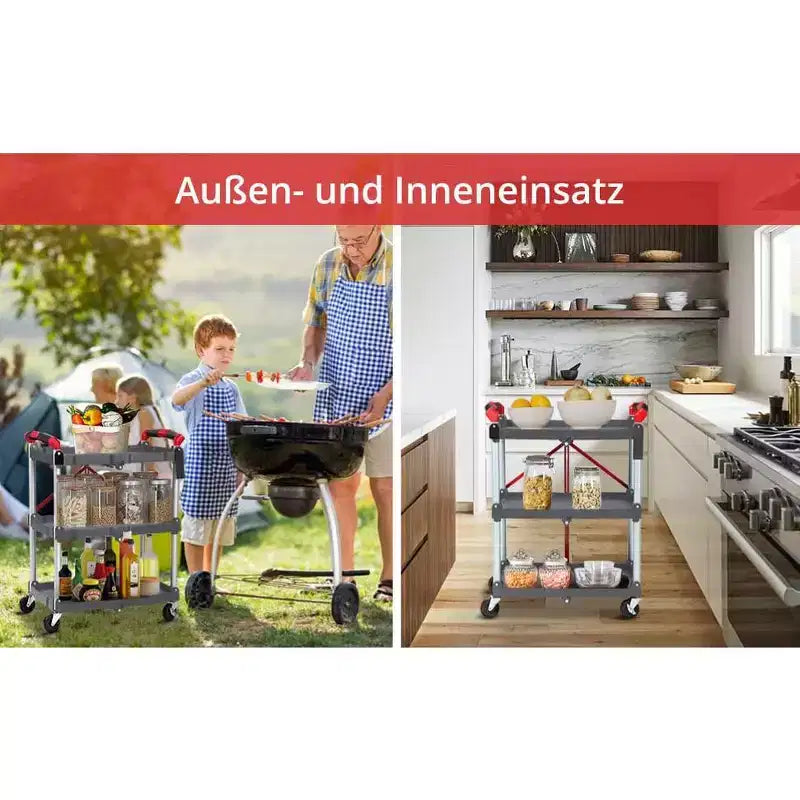 Utility Cart Rolling, 3-Tier Foldable Service Cart w/Lockable Wheels & 168LBS Capacity, Collapsible Trolley for Home Office Garage Warehouse